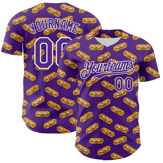 Custom Purple White 3D Pattern Design Foodie Fast Food Hot Dog Authentic Baseball Jersey - Main View