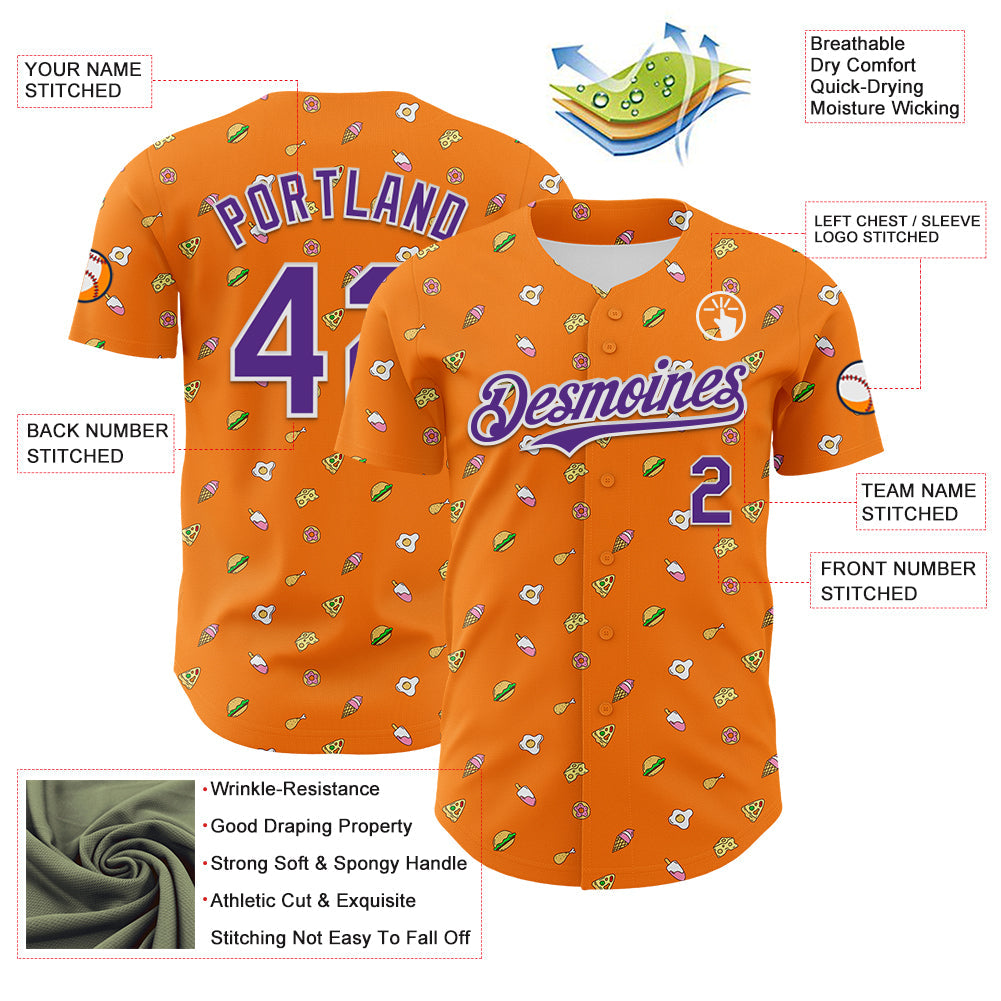Custom Bay Orange Purple-White 3D Pattern Design Foodie Fast Food Cheese Pizza Dessert Ice Cream Authentic Baseball Jersey view 3