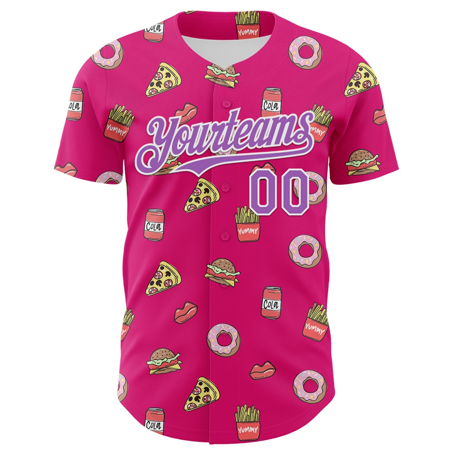 Custom Hot Pink Medium Purple-White 3D Pattern Design Foodie Fast Food Pizza Donut Cola Authentic Baseball Jersey view 2