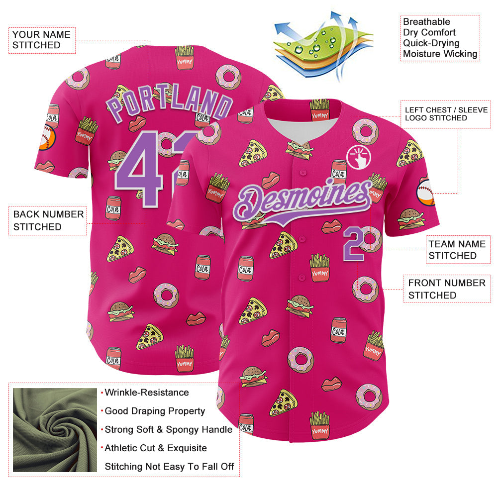 Custom Hot Pink Medium Purple-White 3D Pattern Design Foodie Fast Food Pizza Donut Cola Authentic Baseball Jersey view 3