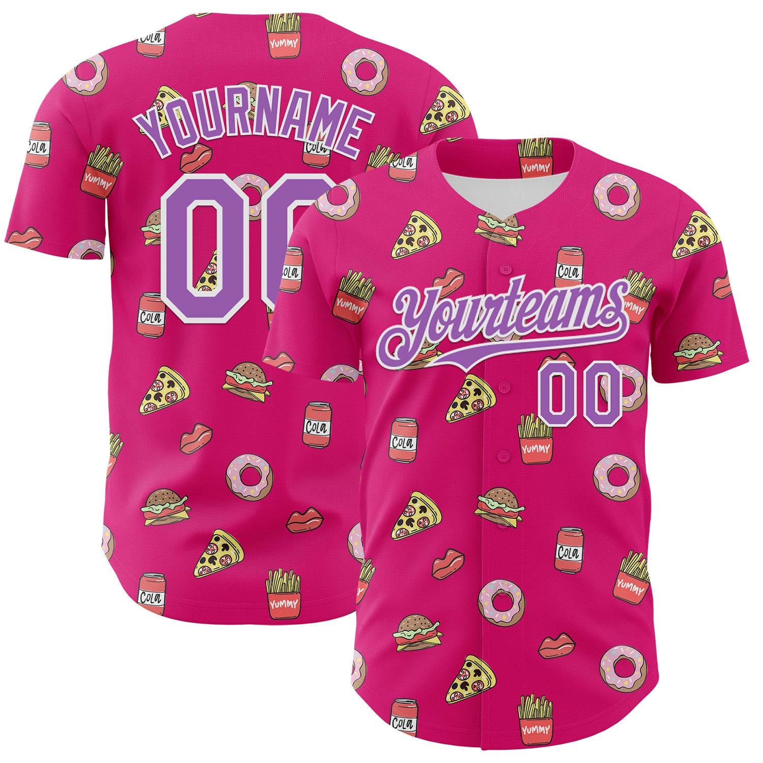Custom Hot Pink Medium Purple-White 3D Pattern Design Foodie Fast Food Pizza Donut Cola Authentic Baseball Jersey - Main View