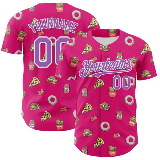 Custom Hot Pink Medium Purple-White 3D Pattern Design Foodie Fast Food Pizza Donut Cola Authentic Baseball Jersey - Main View