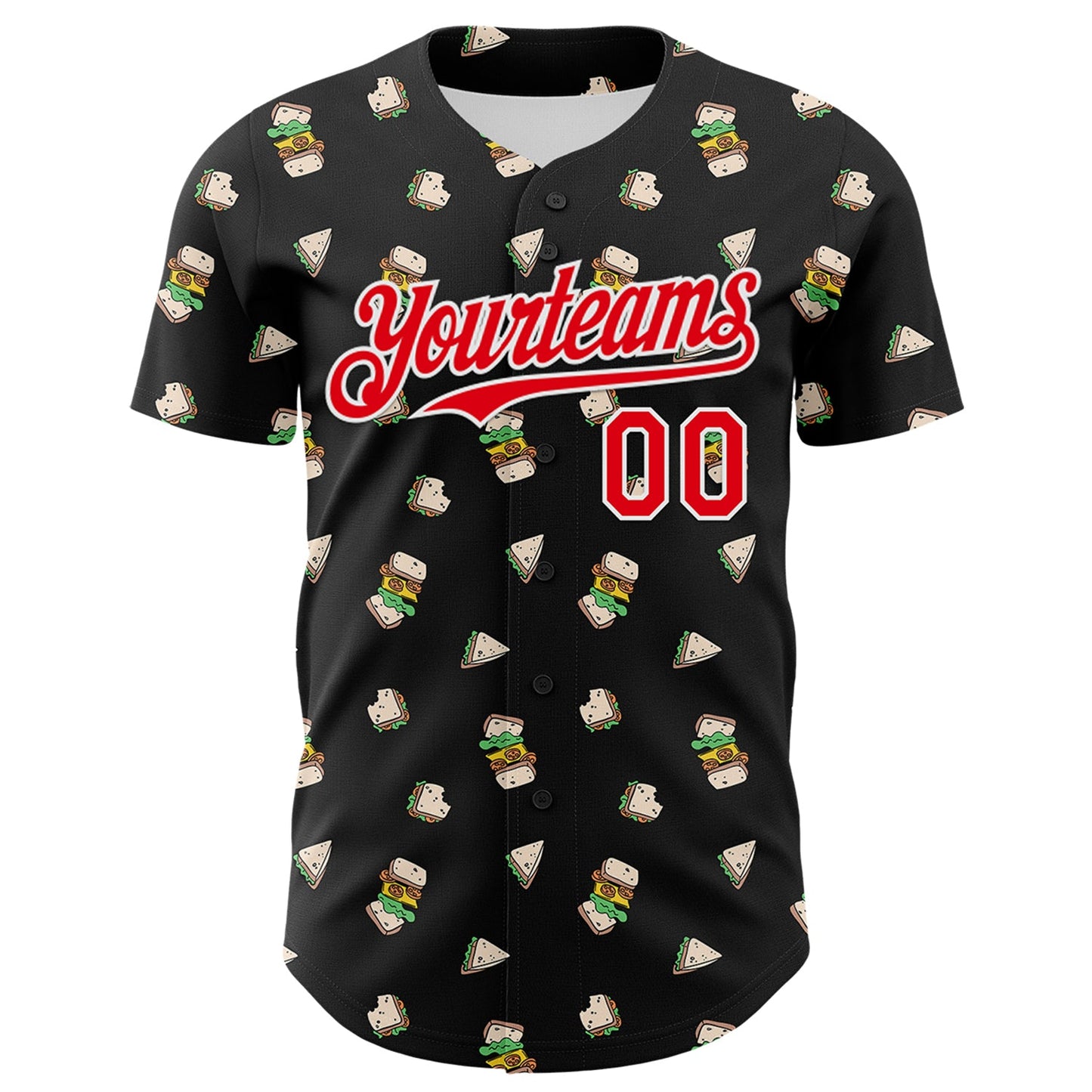 Custom Black Fire Red-White 3D Pattern Design Foodie Fast Food Sandwich Authentic Baseball Jersey view 2