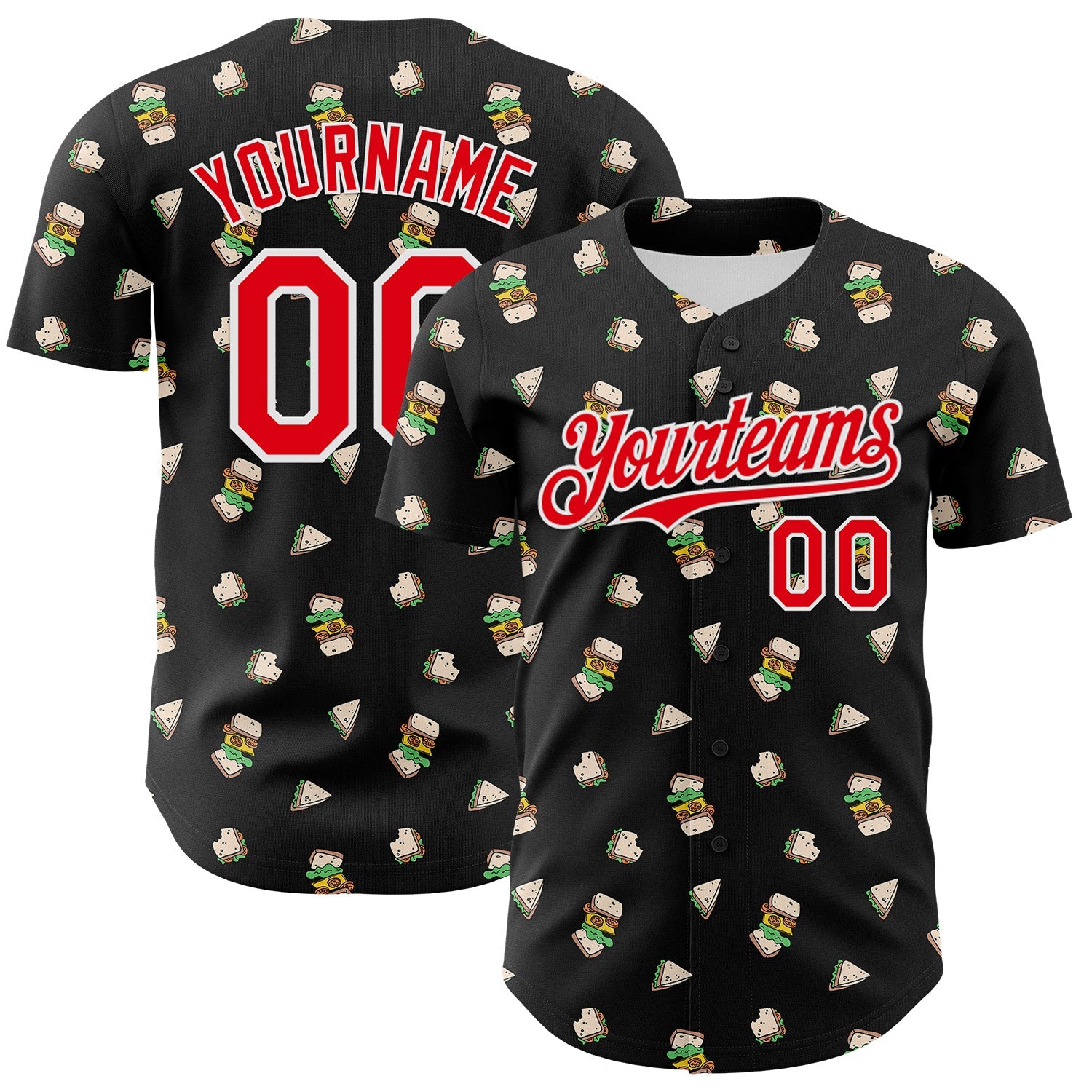 Custom Black Fire Red-White 3D Pattern Design Foodie Fast Food Sandwich Authentic Baseball Jersey - Main View