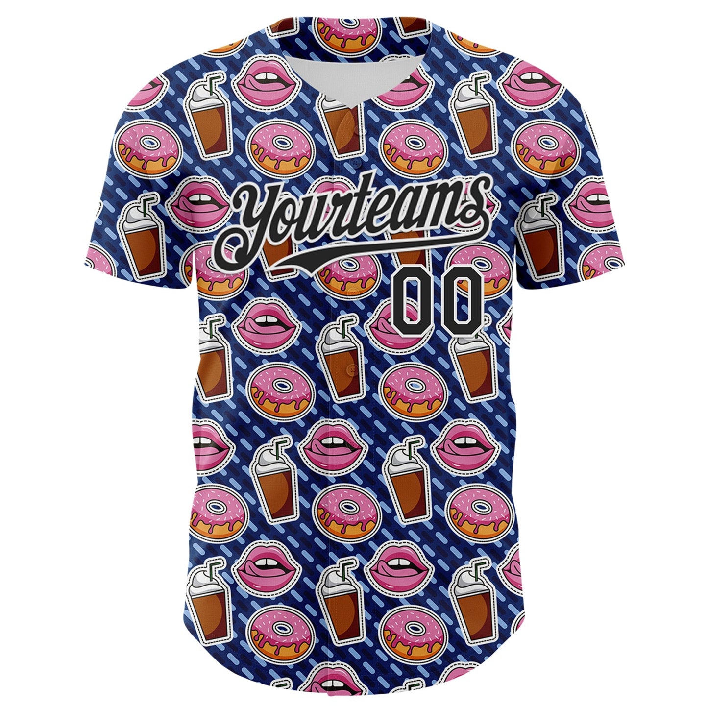 Custom US Navy Blue Black-White 3D Pattern Design Foodie Food Dessert Milkshake Donut Authentic Baseball Jersey view 2