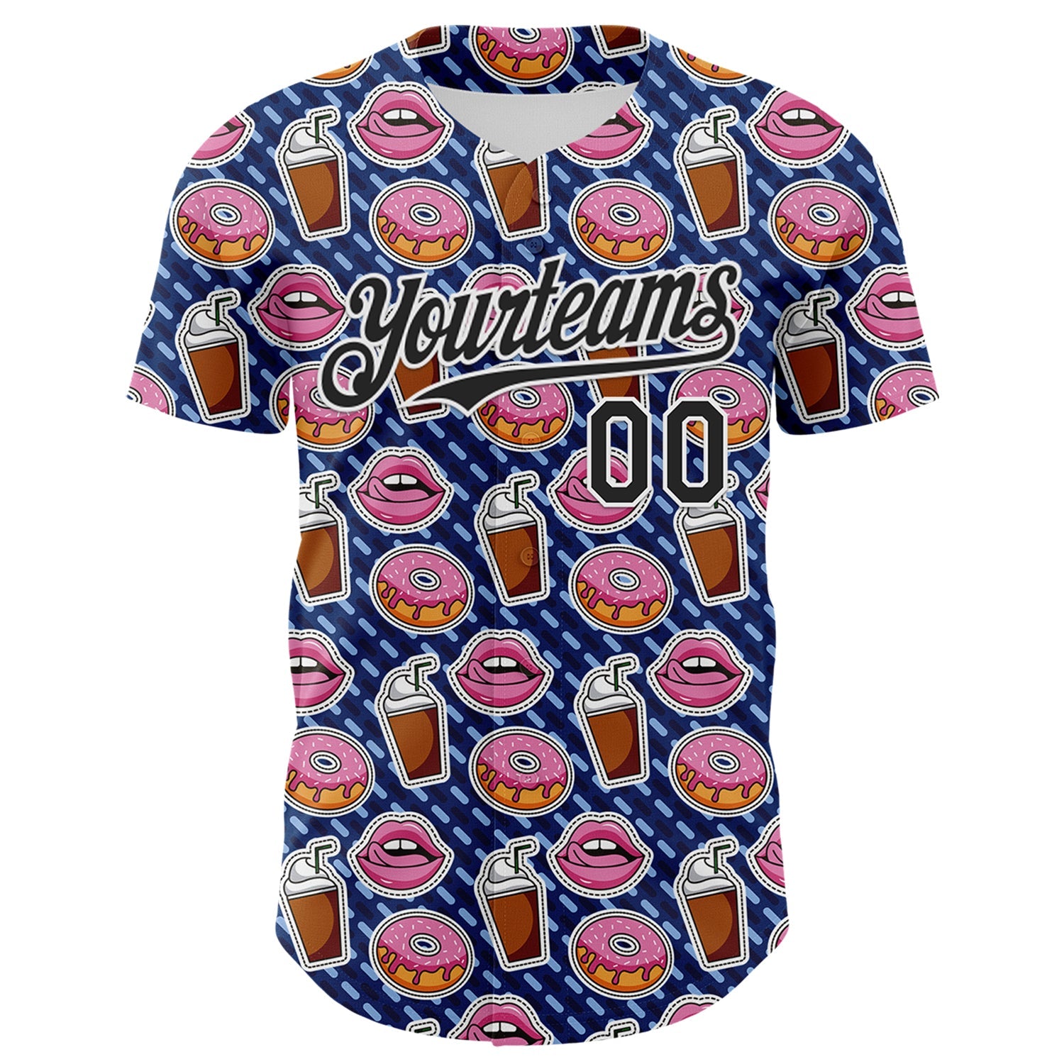 Custom US Navy Blue Black-White 3D Pattern Design Foodie Food Dessert Milkshake Donut Authentic Baseball Jersey view 2