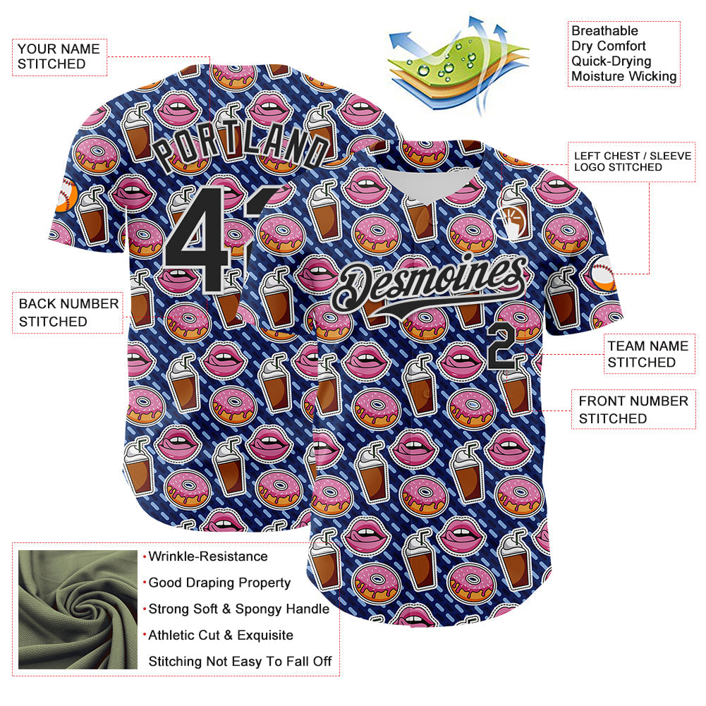 Custom US Navy Blue Black-White 3D Pattern Design Foodie Food Dessert Milkshake Donut Authentic Baseball Jersey view 3