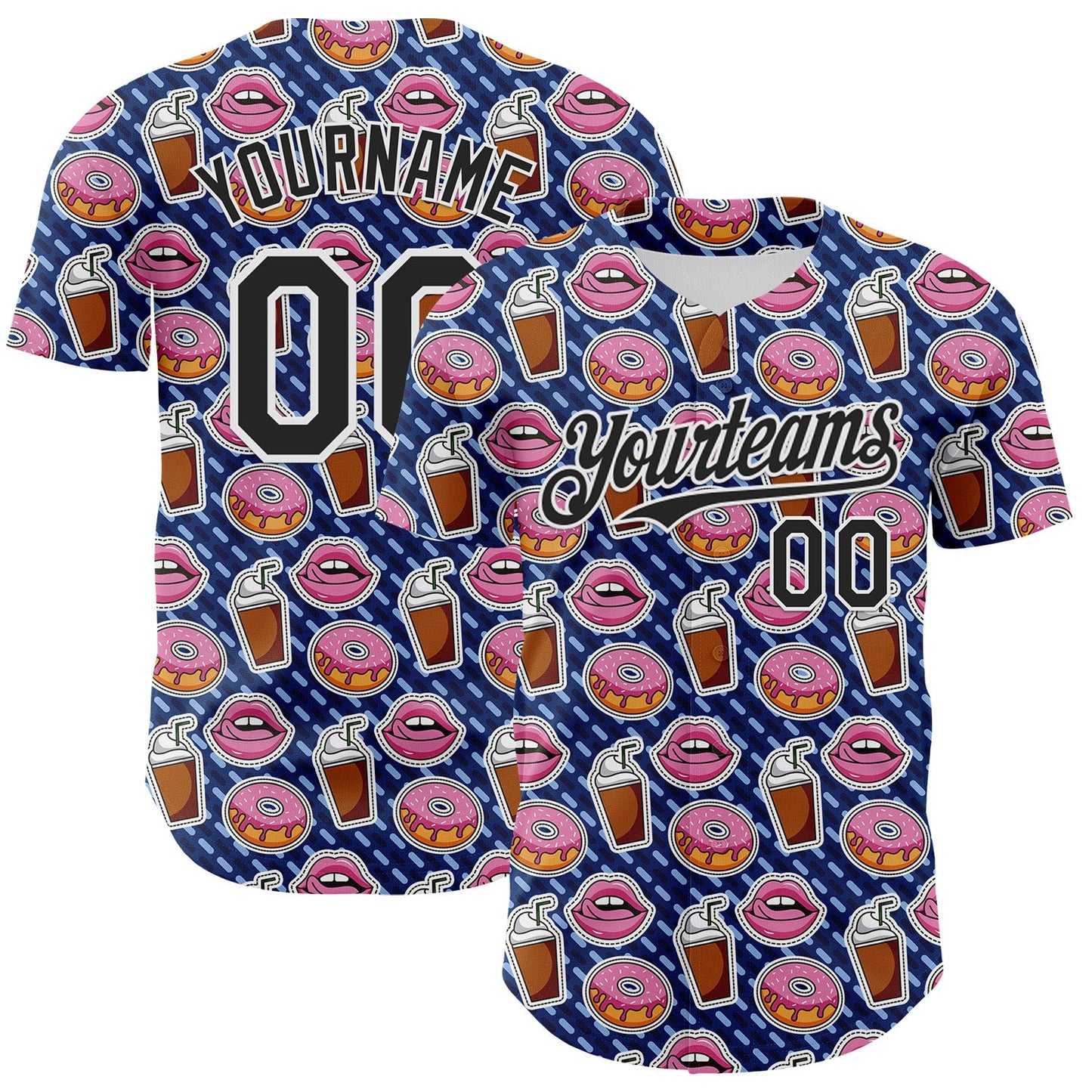 Custom US Navy Blue Black-White 3D Pattern Design Foodie Food Dessert Milkshake Donut Authentic Baseball Jersey - Main View