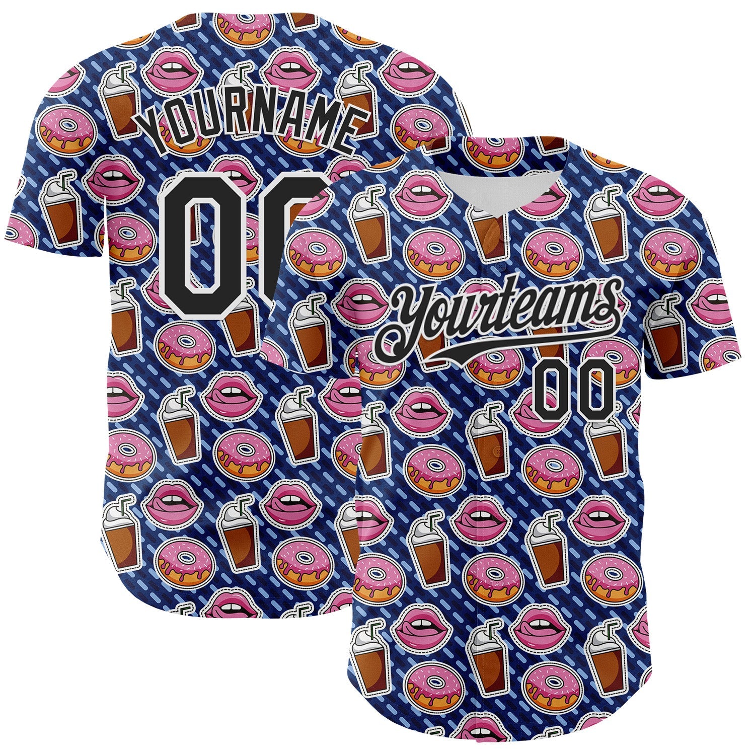 Custom US Navy Blue Black-White 3D Pattern Design Foodie Food Dessert Milkshake Donut Authentic Baseball Jersey - Main View
