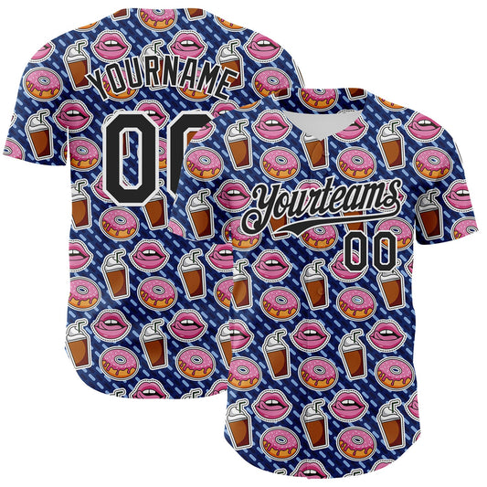 Custom US Navy Blue Black-White 3D Pattern Design Foodie Food Dessert Milkshake Donut Authentic Baseball Jersey - Main View