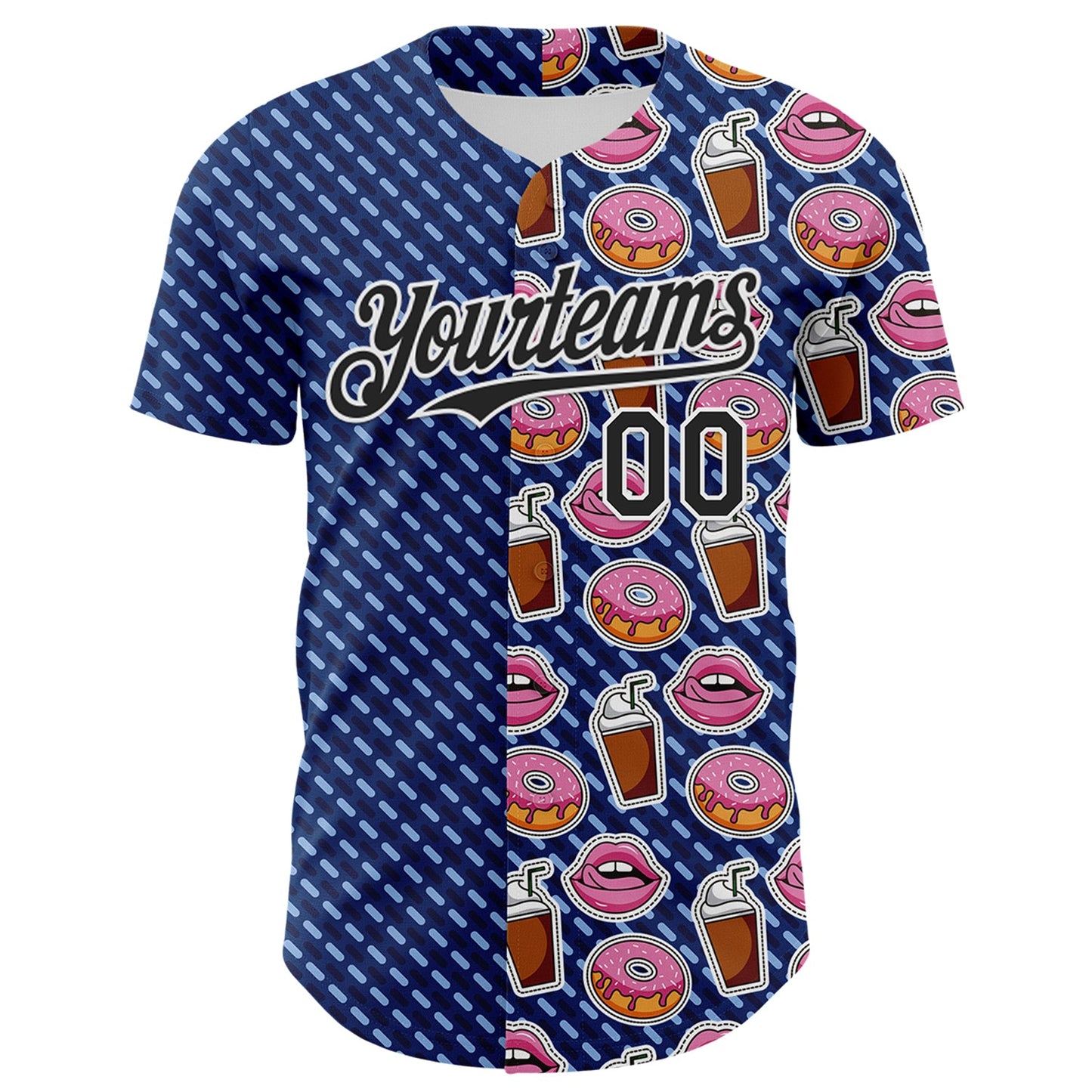 Custom US Navy Blue Black-White 3D Pattern Design Foodie Food Dessert Milkshake Donut Authentic Baseball Jersey view 2