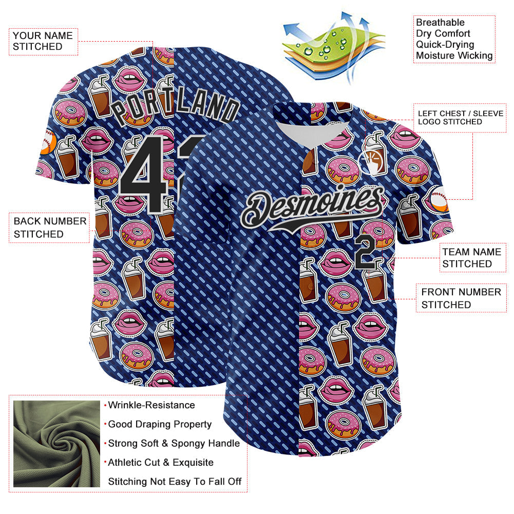 Custom US Navy Blue Black-White 3D Pattern Design Foodie Food Dessert Milkshake Donut Authentic Baseball Jersey view 3