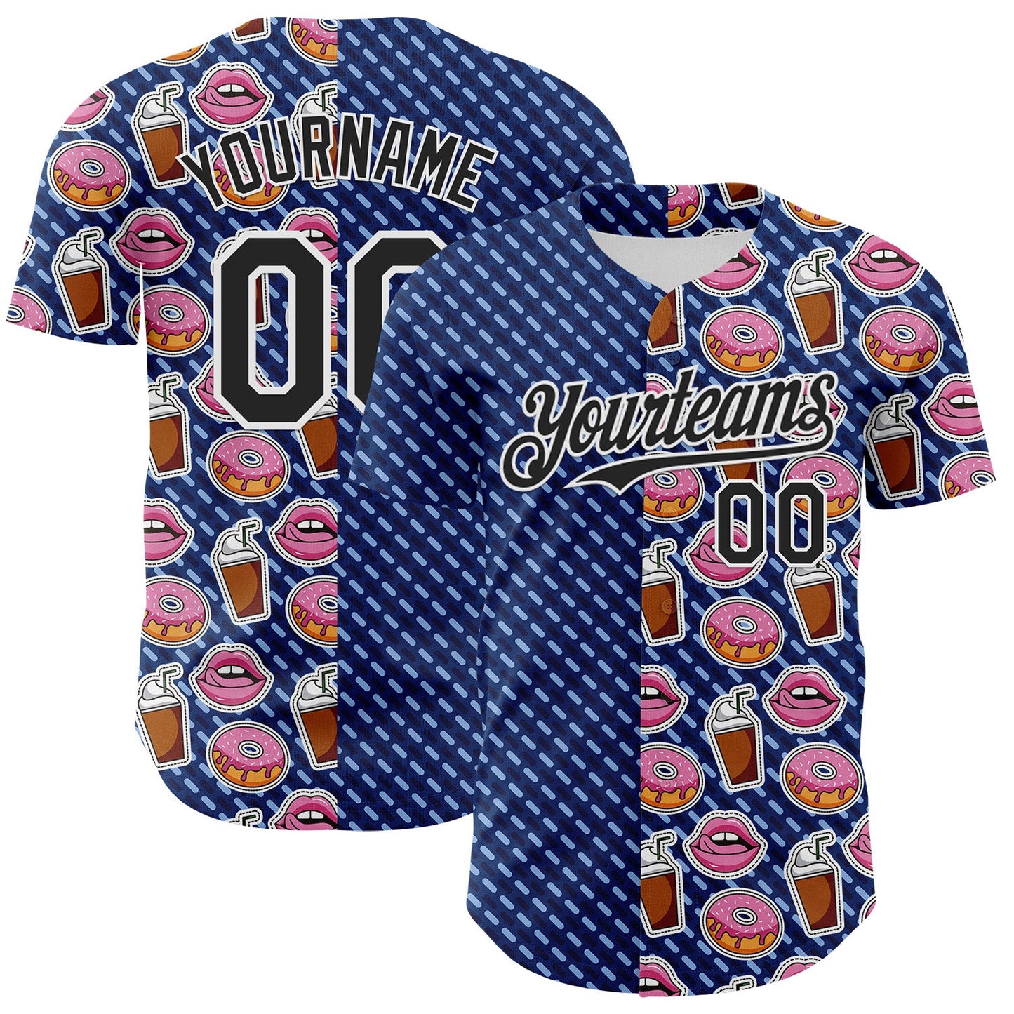 Custom US Navy Blue Black-White 3D Pattern Design Foodie Food Dessert Milkshake Donut Authentic Baseball Jersey - Main View