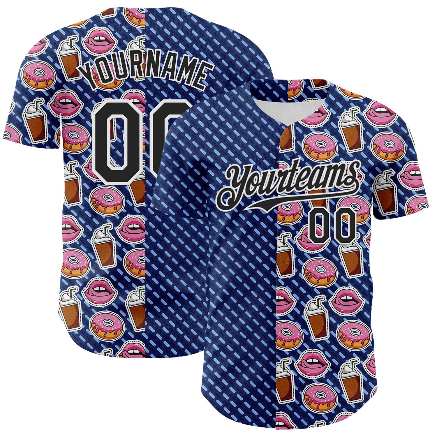 Custom US Navy Blue Black-White 3D Pattern Design Foodie Food Dessert Milkshake Donut Authentic Baseball Jersey - Main View