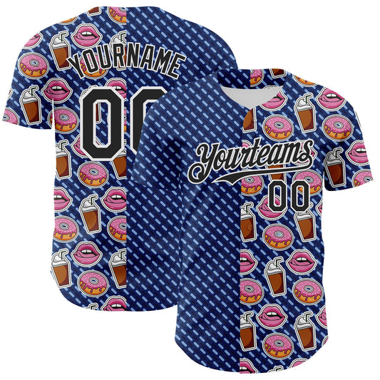 Custom US Navy Blue Black-White 3D Pattern Design Foodie Food Dessert Milkshake Donut Authentic Baseball Jersey - Main View
