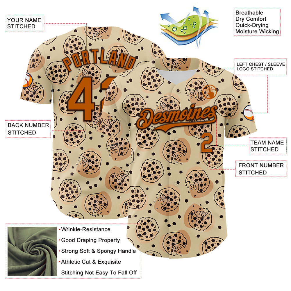Custom Cream Texas Orange-Brown 3D Pattern Design Foodie Food Snack Chocolate Cookie Authentic Baseball Jersey view 3