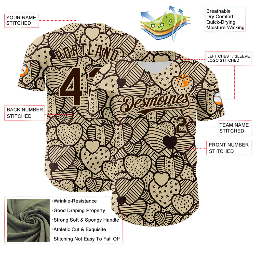 Custom Cream Brown 3D Pattern Design Foodie Food Snack Heart Chocolate Authentic Baseball Jersey view 3