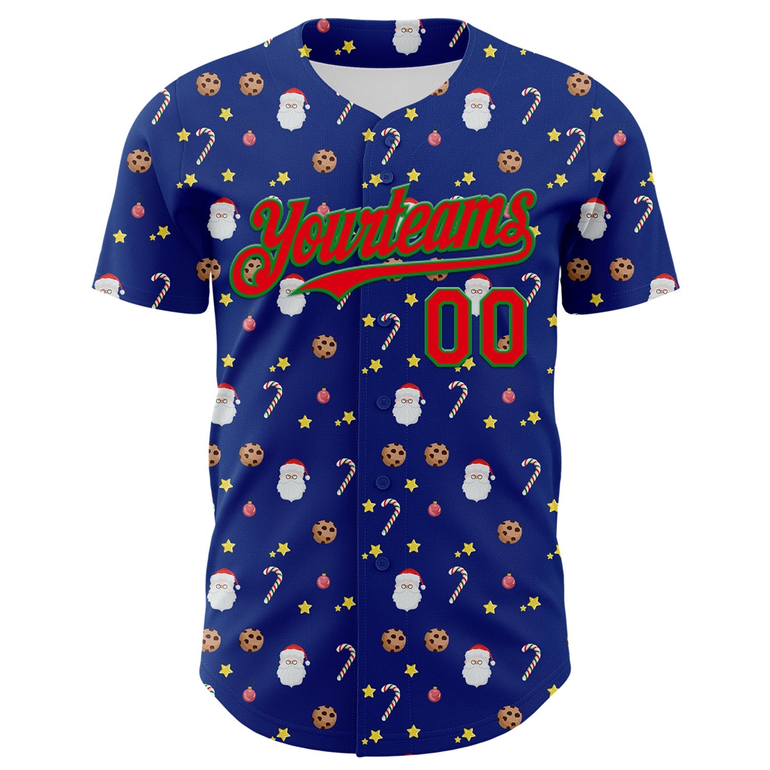 Custom Royal Fire Red-Grass Green 3D Pattern Design Christmas Foodie Food Snack Chocolate Cookie Candy Cane Authentic Baseball Jersey view 2