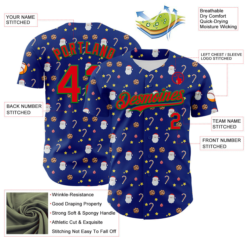 Custom Royal Fire Red-Grass Green 3D Pattern Design Christmas Foodie Food Snack Chocolate Cookie Candy Cane Authentic Baseball Jersey view 3