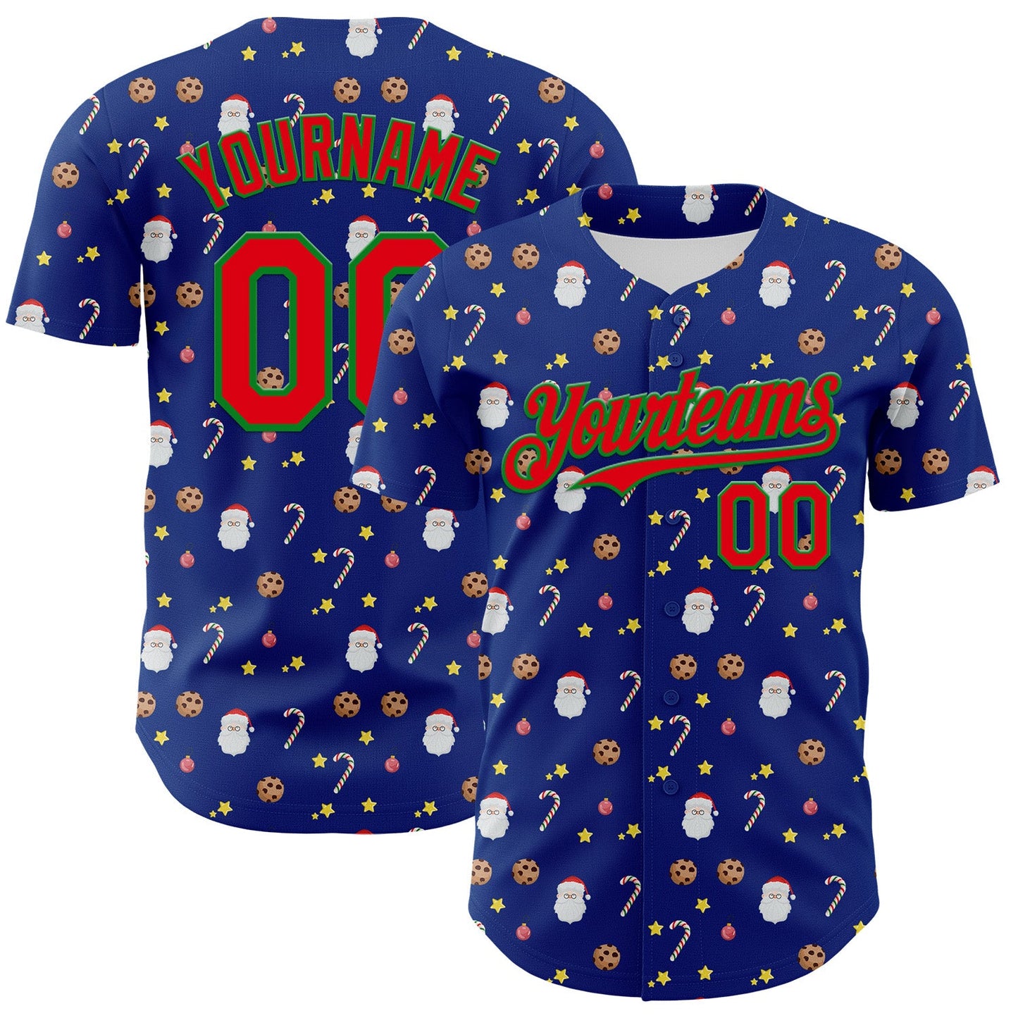 Custom Royal Fire Red-Grass Green 3D Pattern Design Christmas Foodie Food Snack Chocolate Cookie Candy Cane Authentic Baseball Jersey - Main View