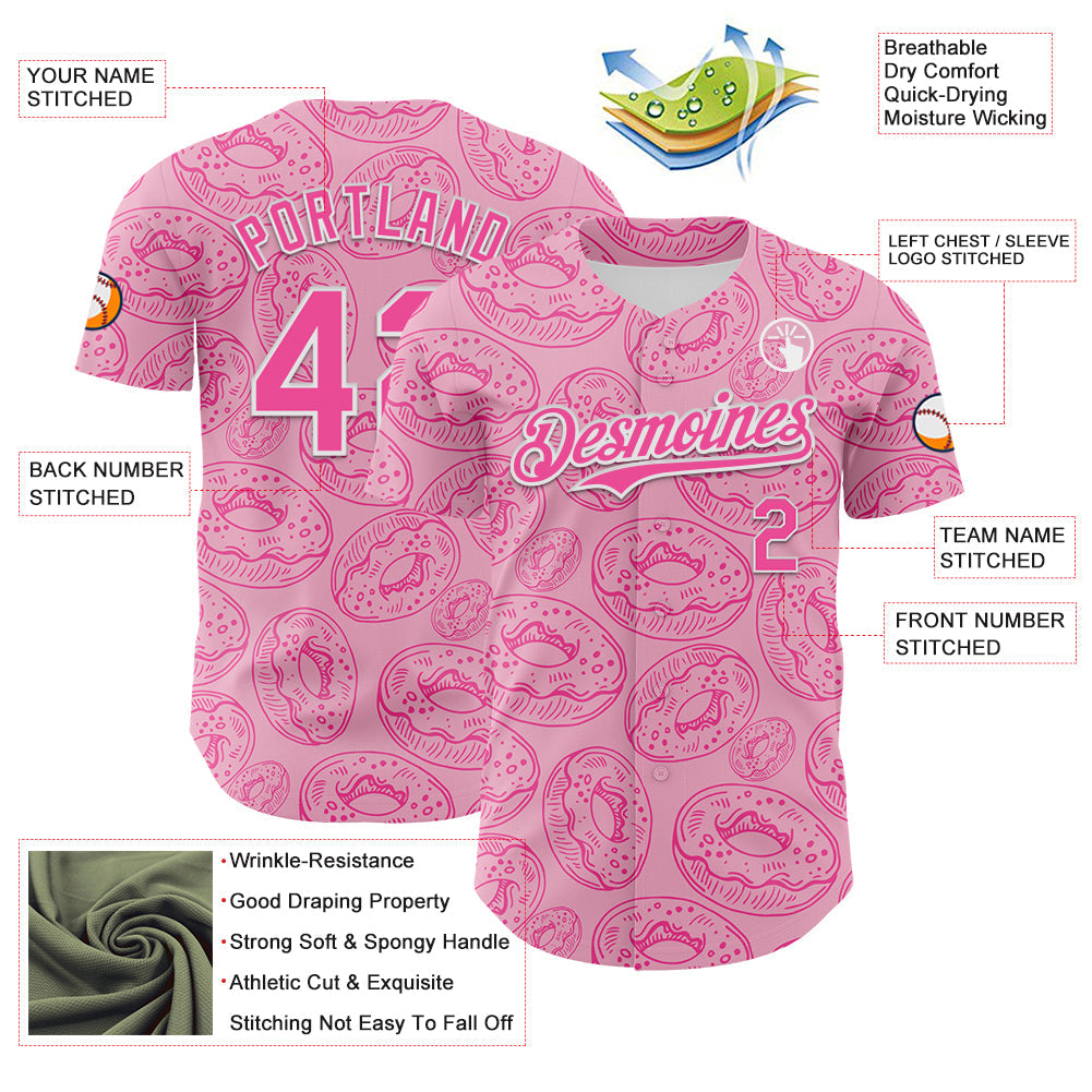 Custom Light Pink Pink-White 3D Pattern Design Christmas Foodie Food Dessert Donut Authentic Baseball Jersey view 3