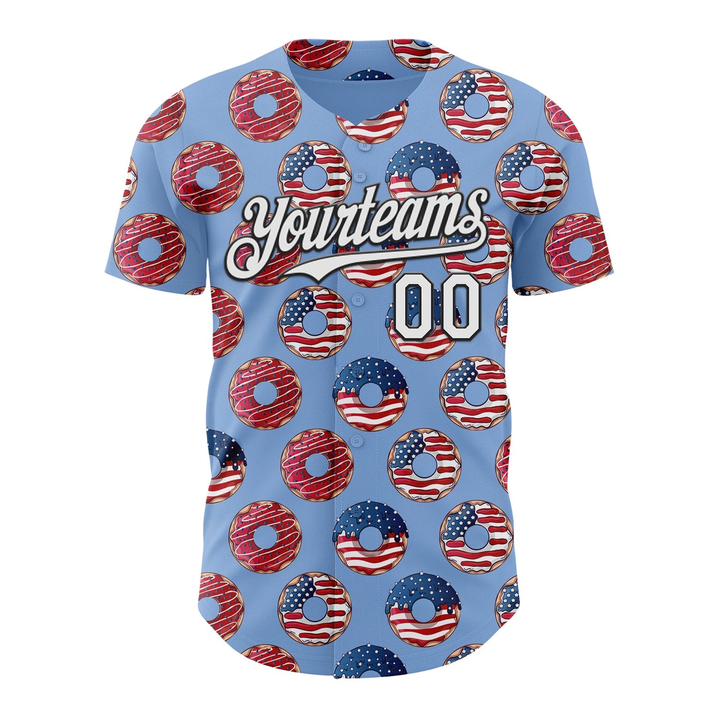 Custom Light Blue White-Black 3D Pattern Design USA Flag Foodie Food Dessert Donut Authentic Baseball Jersey view 2