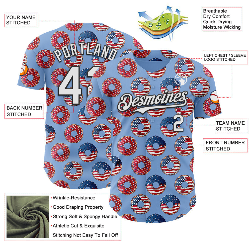 Custom Light Blue White-Black 3D Pattern Design USA Flag Foodie Food Dessert Donut Authentic Baseball Jersey view 3