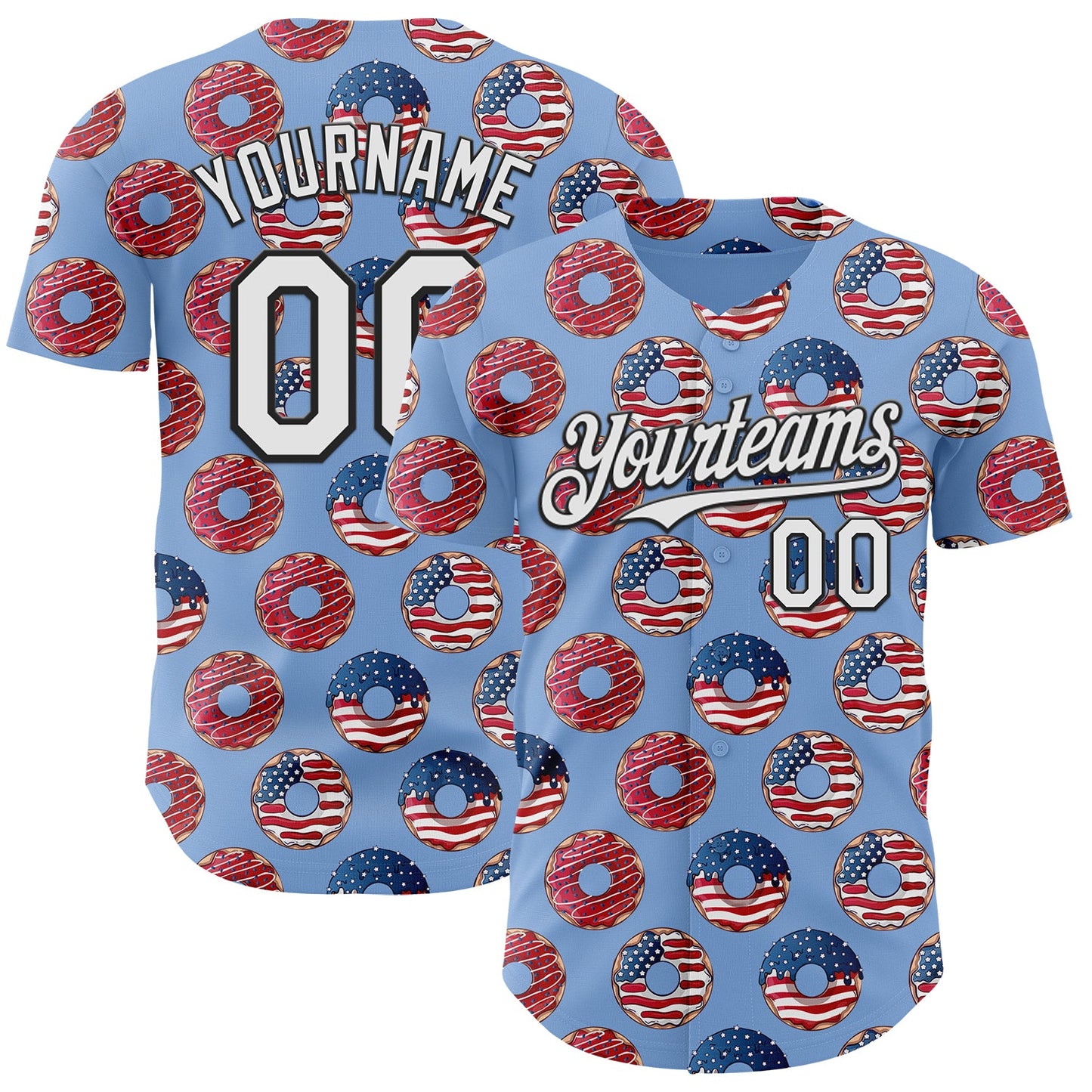Custom Light Blue White-Black 3D Pattern Design USA Flag Foodie Food Dessert Donut Authentic Baseball Jersey - Main View