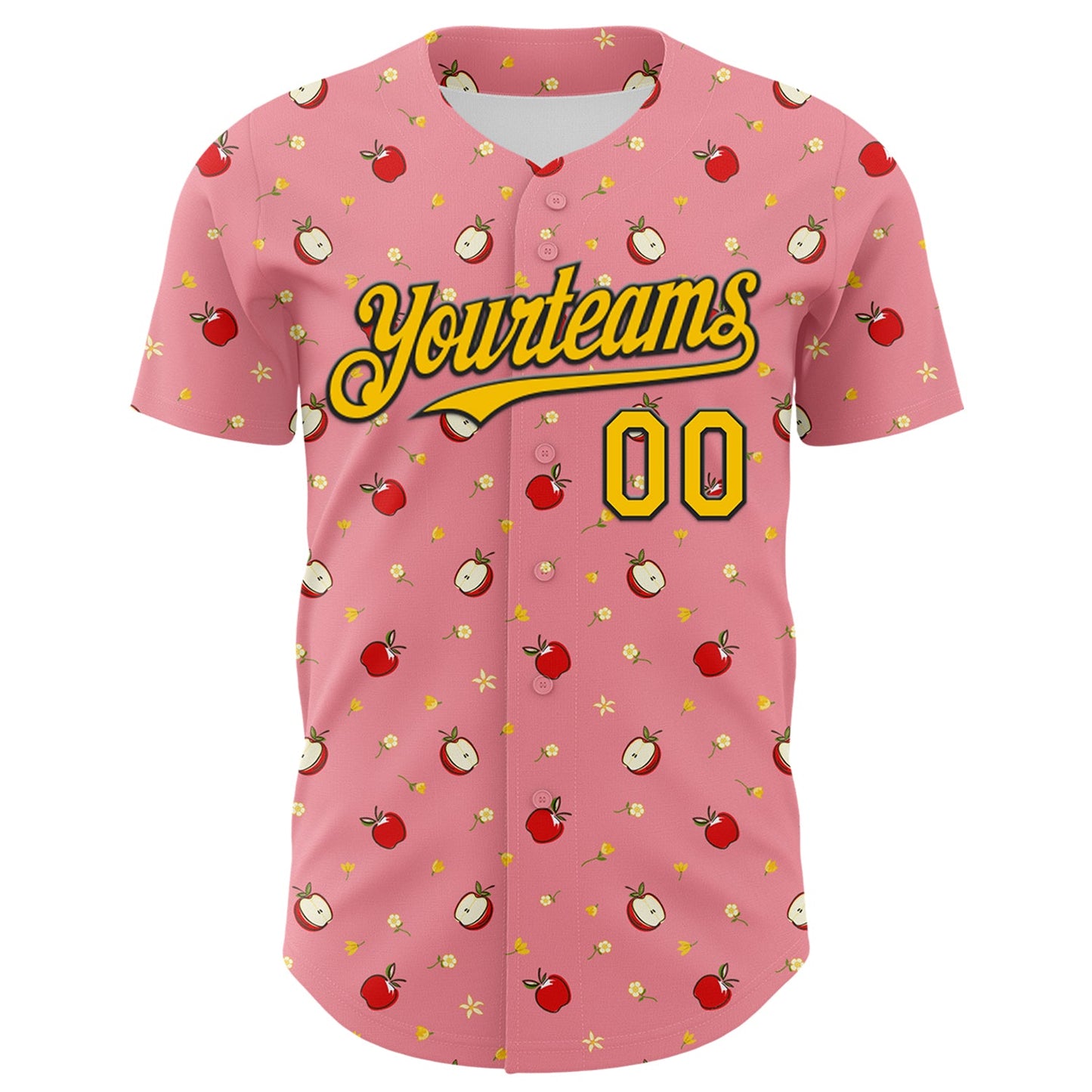 Custom Medium Pink Yellow-Black 3D Pattern Design Foodie Food Fruit Apple Authentic Baseball Jersey view 2