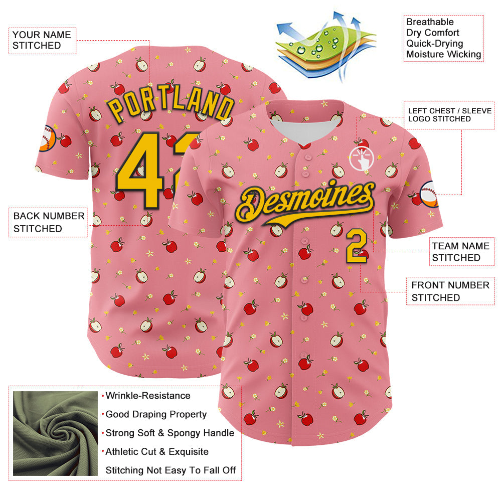 Custom Medium Pink Yellow-Black 3D Pattern Design Foodie Food Fruit Apple Authentic Baseball Jersey view 3