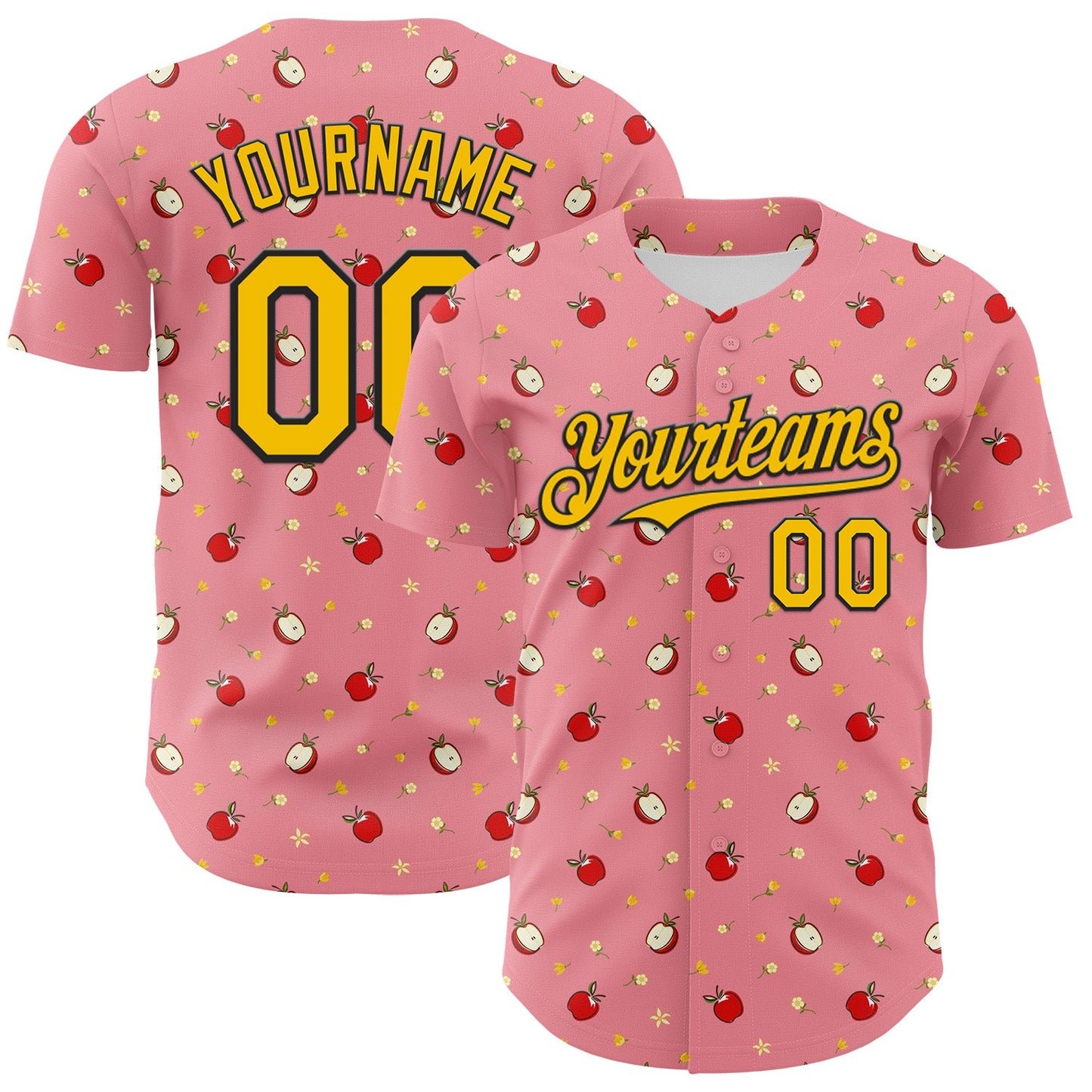 Custom Medium Pink Yellow-Black 3D Pattern Design Foodie Food Fruit Apple Authentic Baseball Jersey - Main View