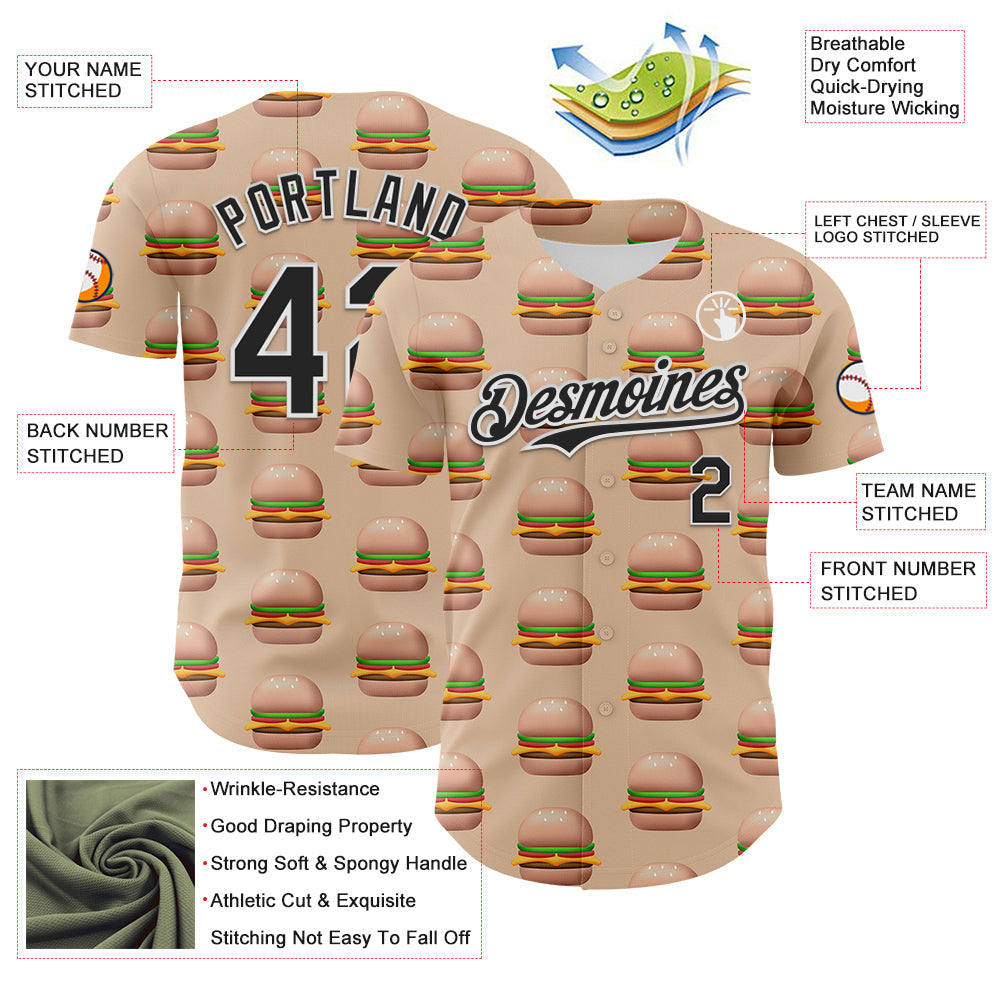 Custom Vegas Gold Black-White 3D Pattern Design Foodie Fast Food Burger Authentic Baseball Jersey view 3