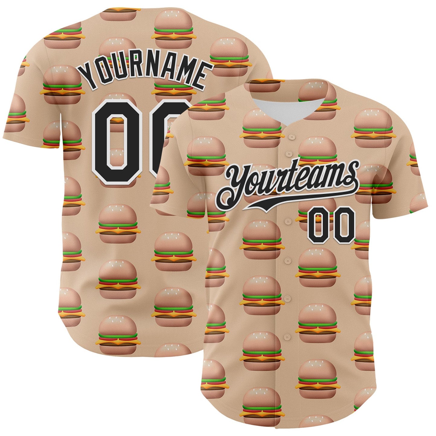 Custom Vegas Gold Black-White 3D Pattern Design Foodie Fast Food Burger Authentic Baseball Jersey - Main View