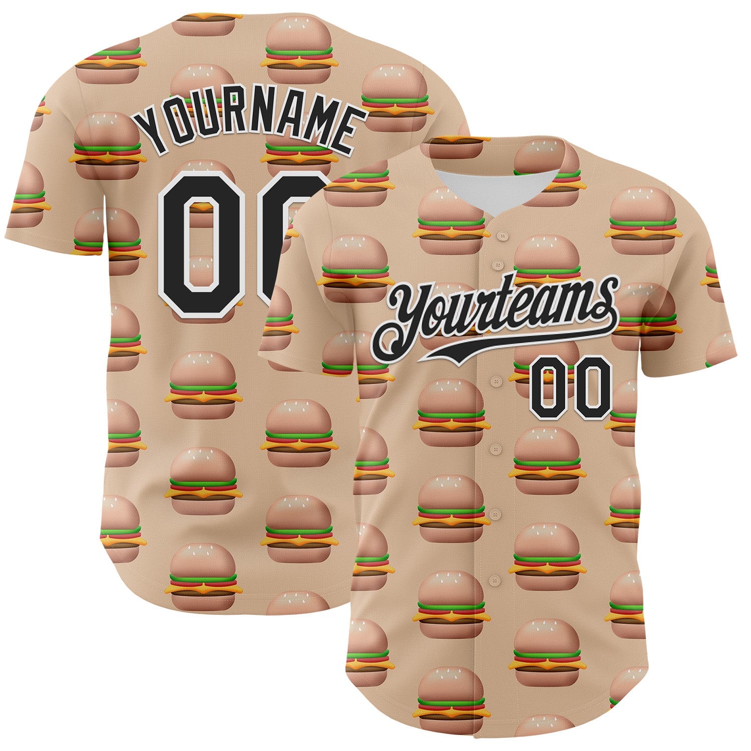 Custom Vegas Gold Black-White 3D Pattern Design Foodie Fast Food Burger Authentic Baseball Jersey - Main View