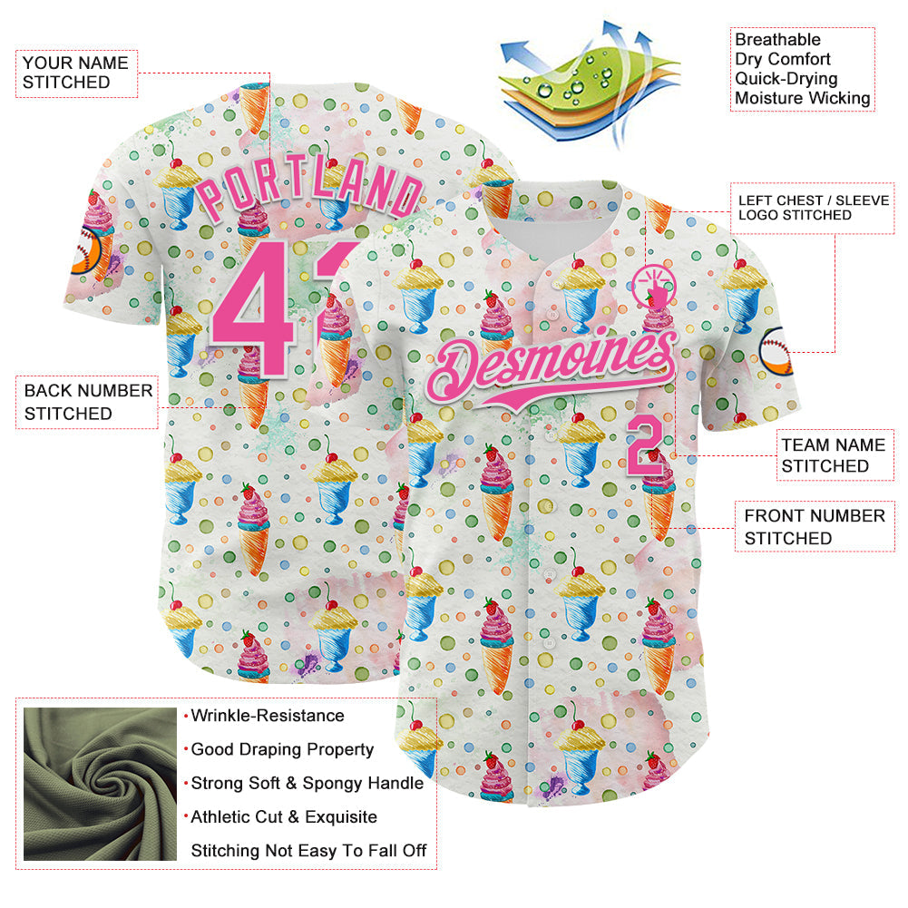 Custom White Pink 3D Pattern Design Foodie Food Dessert Ice Cream Authentic Baseball Jersey view 3