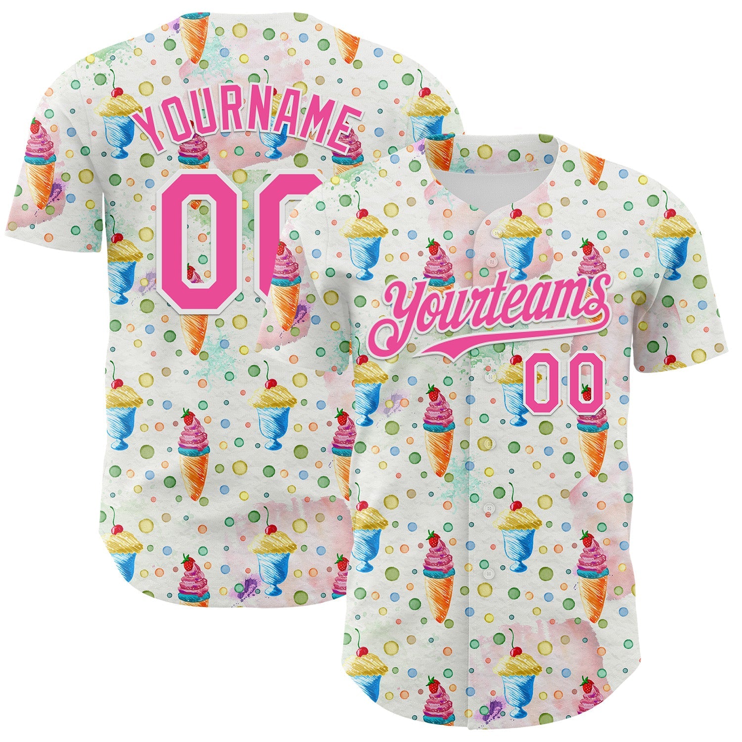 Custom White Pink 3D Pattern Design Foodie Food Dessert Ice Cream Authentic Baseball Jersey - Main View