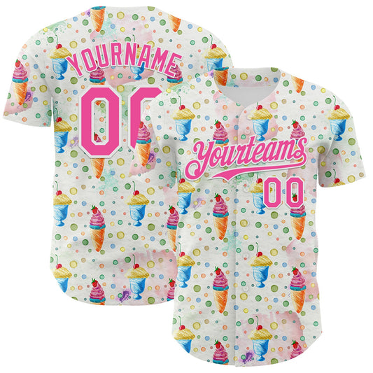 Custom White Pink 3D Pattern Design Foodie Food Dessert Ice Cream Authentic Baseball Jersey - Main View