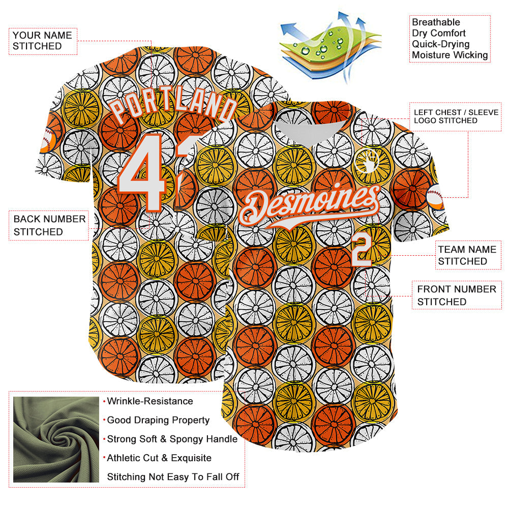 Custom Gold White-Orange 3D Pattern Design Foodie Food Fruit Orange Authentic Baseball Jersey view 3