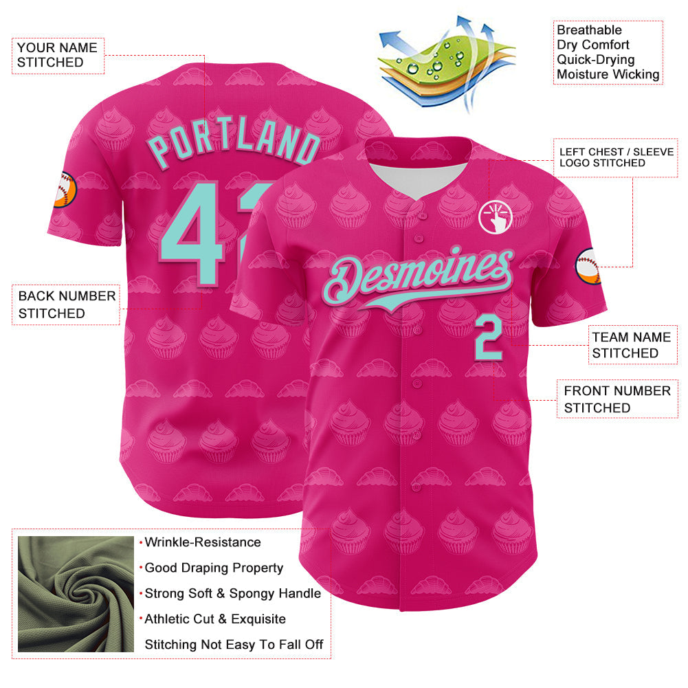 Custom Hot Pink Ice Blue-Pink 3D Pattern Design Foodie Food Dessert Cake Authentic Baseball Jersey view 3