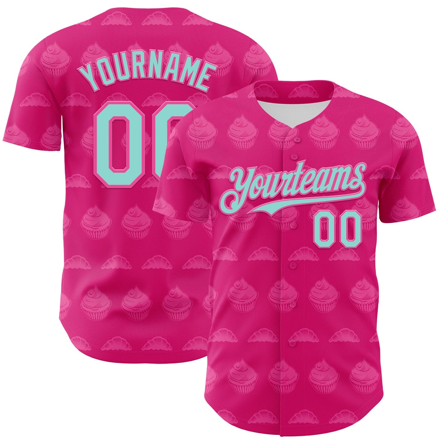 Custom Hot Pink Ice Blue-Pink 3D Pattern Design Foodie Food Dessert Cake Authentic Baseball Jersey - Main View