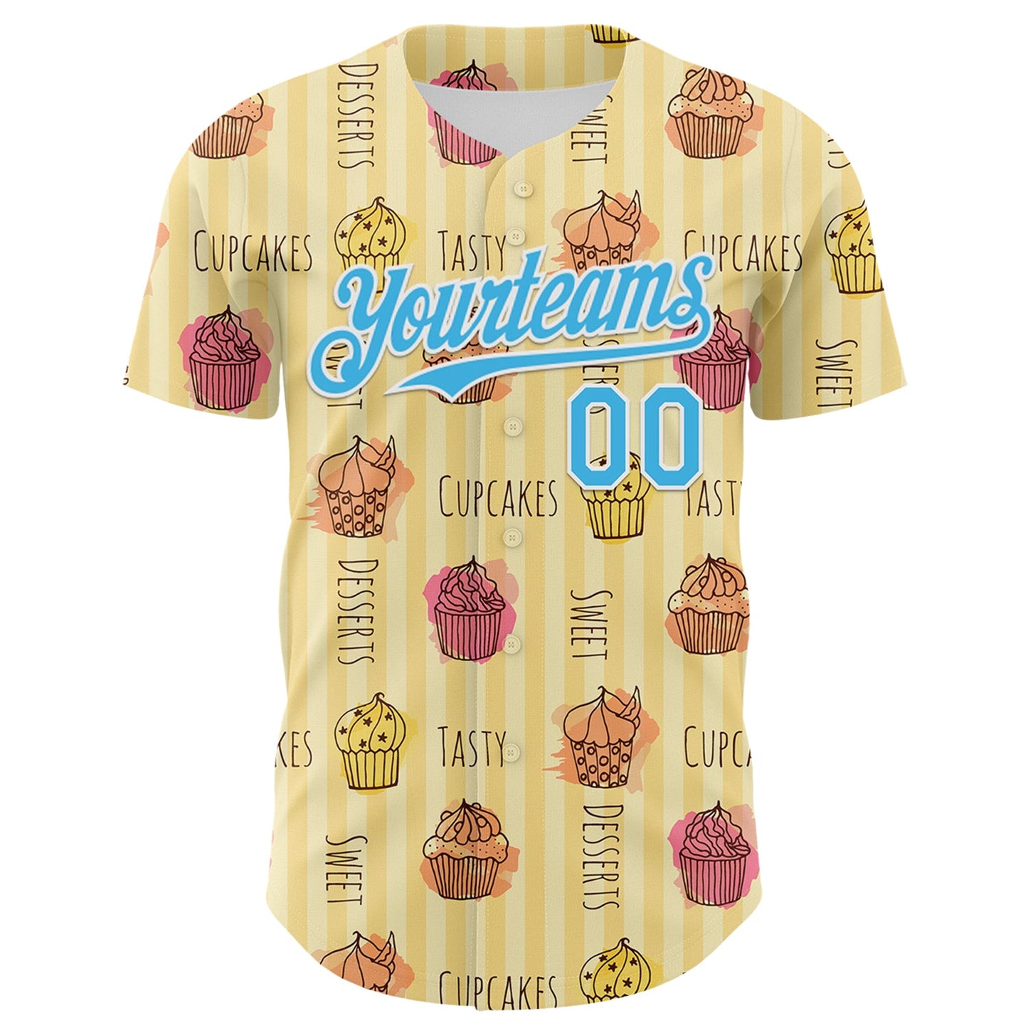 Custom Yellow Sky Blue-White 3D Pattern Design Foodie Food Dessert Cupcake Authentic Baseball Jersey view 2