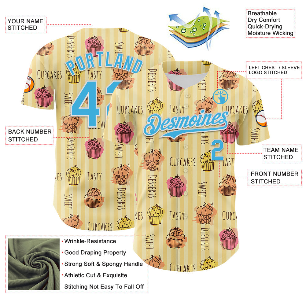 Custom Yellow Sky Blue-White 3D Pattern Design Foodie Food Dessert Cupcake Authentic Baseball Jersey view 3
