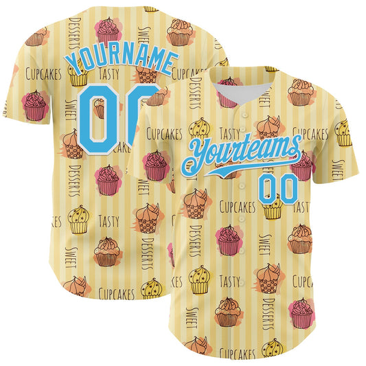 Custom Yellow Sky Blue-White 3D Pattern Design Foodie Food Dessert Cupcake Authentic Baseball Jersey - Main View