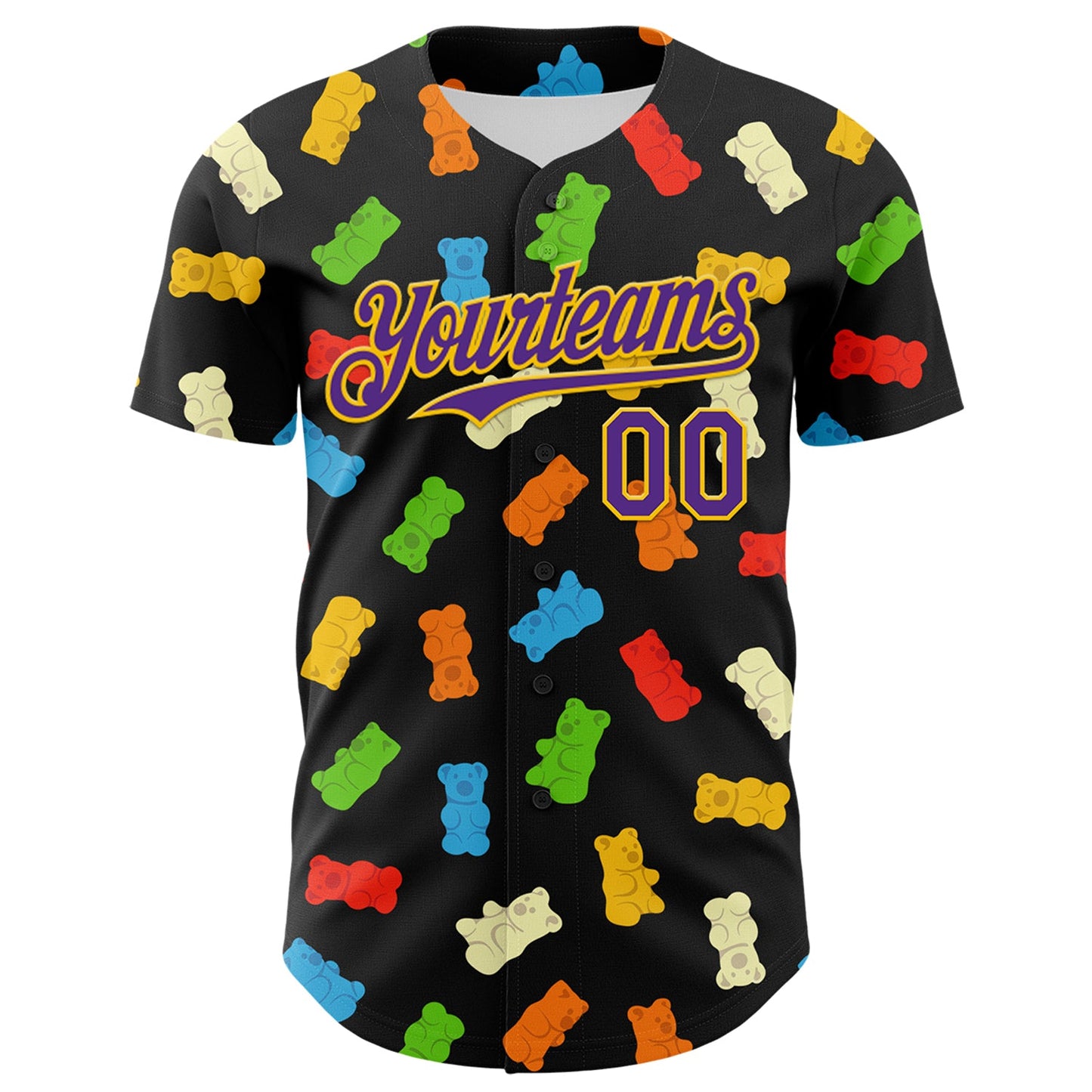 Custom Black Purple-Yellow 3D Pattern Design Foodie Food Snack Gummy Bear Authentic Baseball Jersey view 2