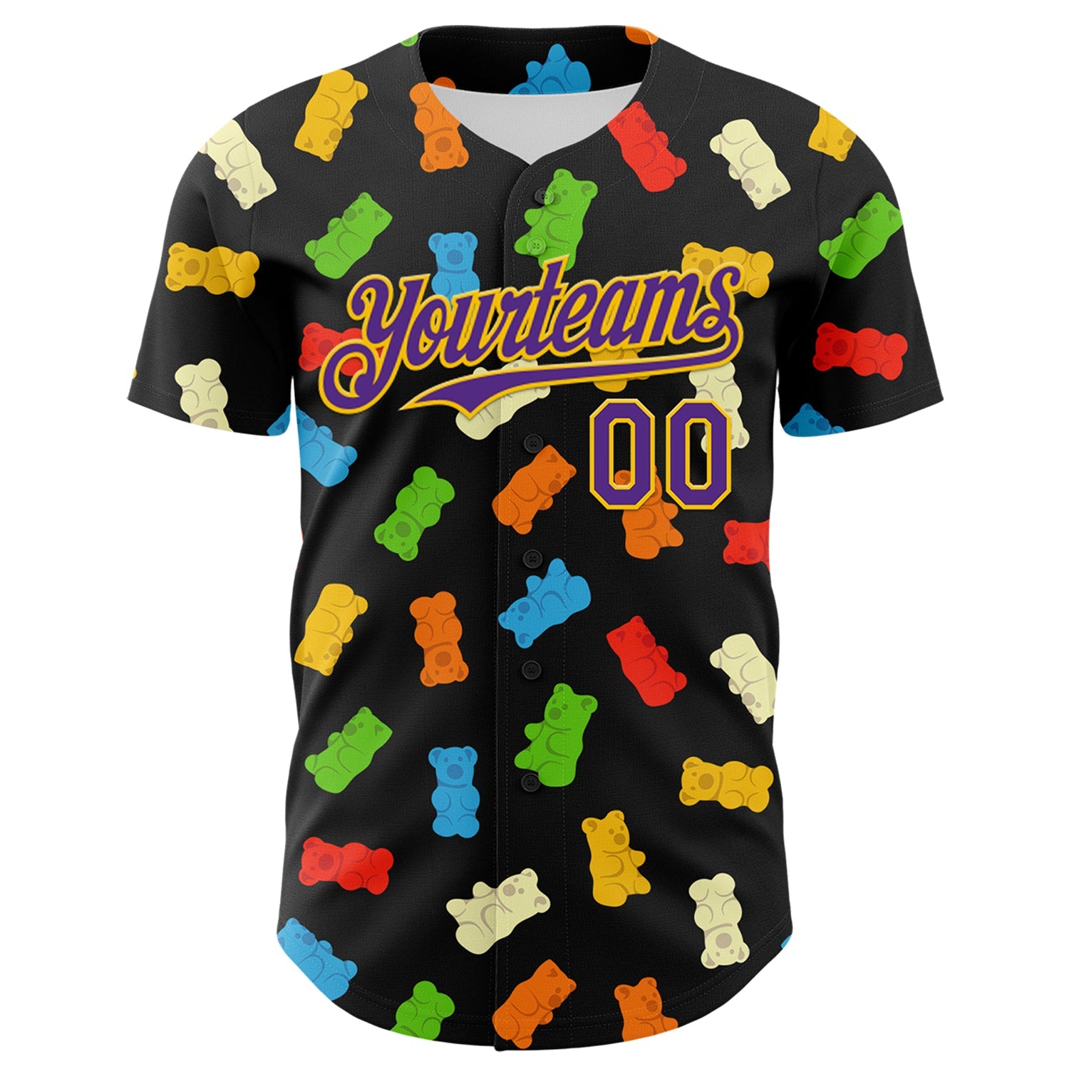 Custom Black Purple-Yellow 3D Pattern Design Foodie Food Snack Gummy Bear Authentic Baseball Jersey view 2