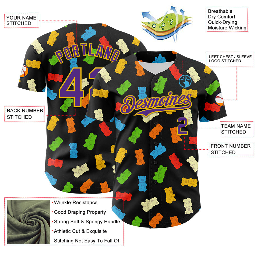 Custom Black Purple-Yellow 3D Pattern Design Foodie Food Snack Gummy Bear Authentic Baseball Jersey view 3