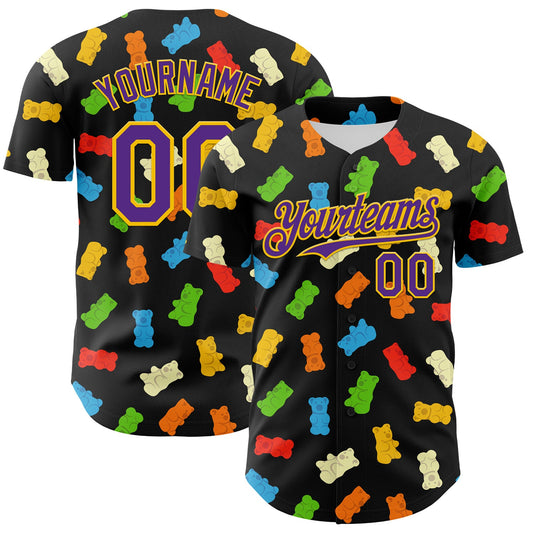 Custom Black Purple-Yellow 3D Pattern Design Foodie Food Snack Gummy Bear Authentic Baseball Jersey - Main View