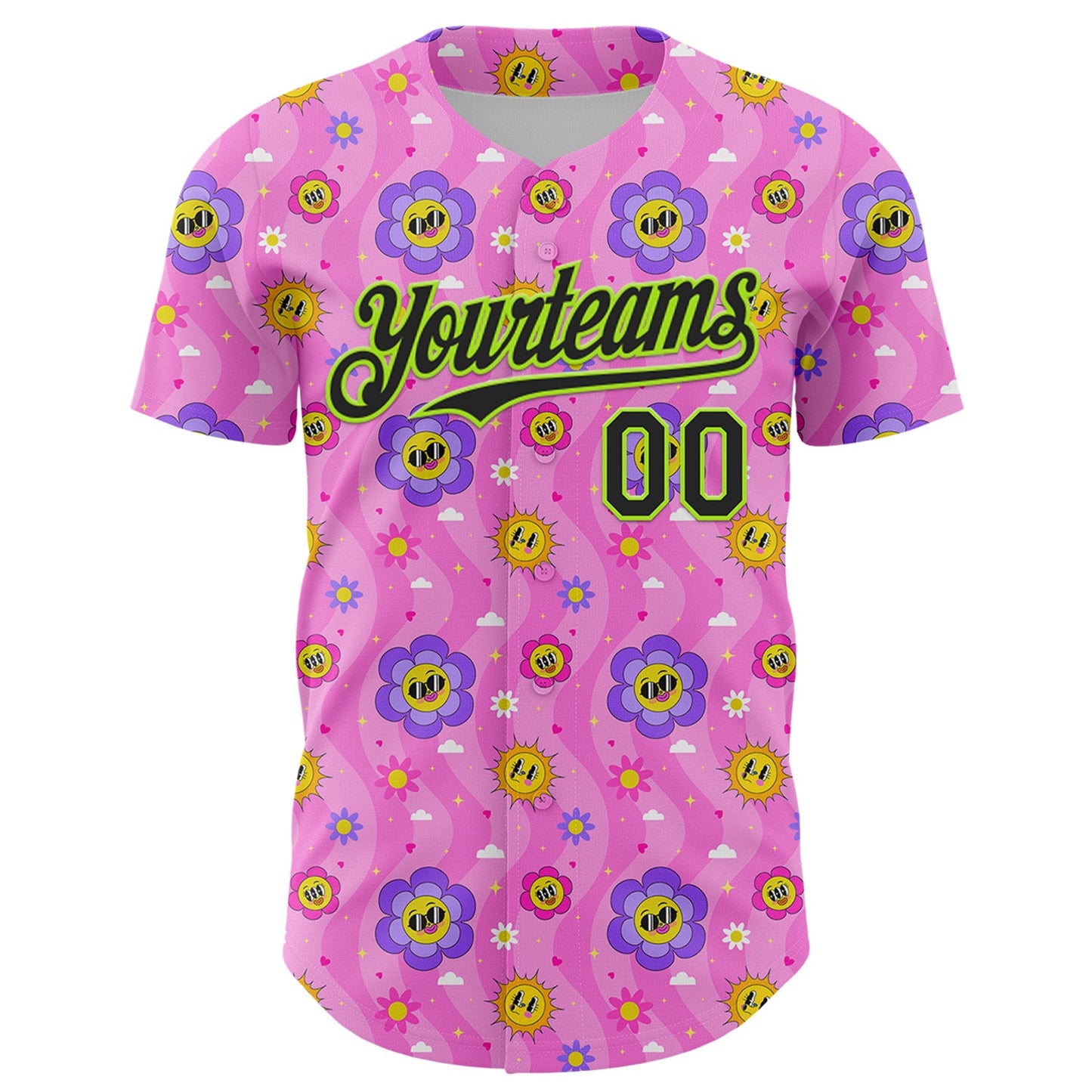 Custom Pink Black-Neon Green 3D Pattern Design Funny Cartoon Flower And Sun Authentic Baseball Jersey view 2