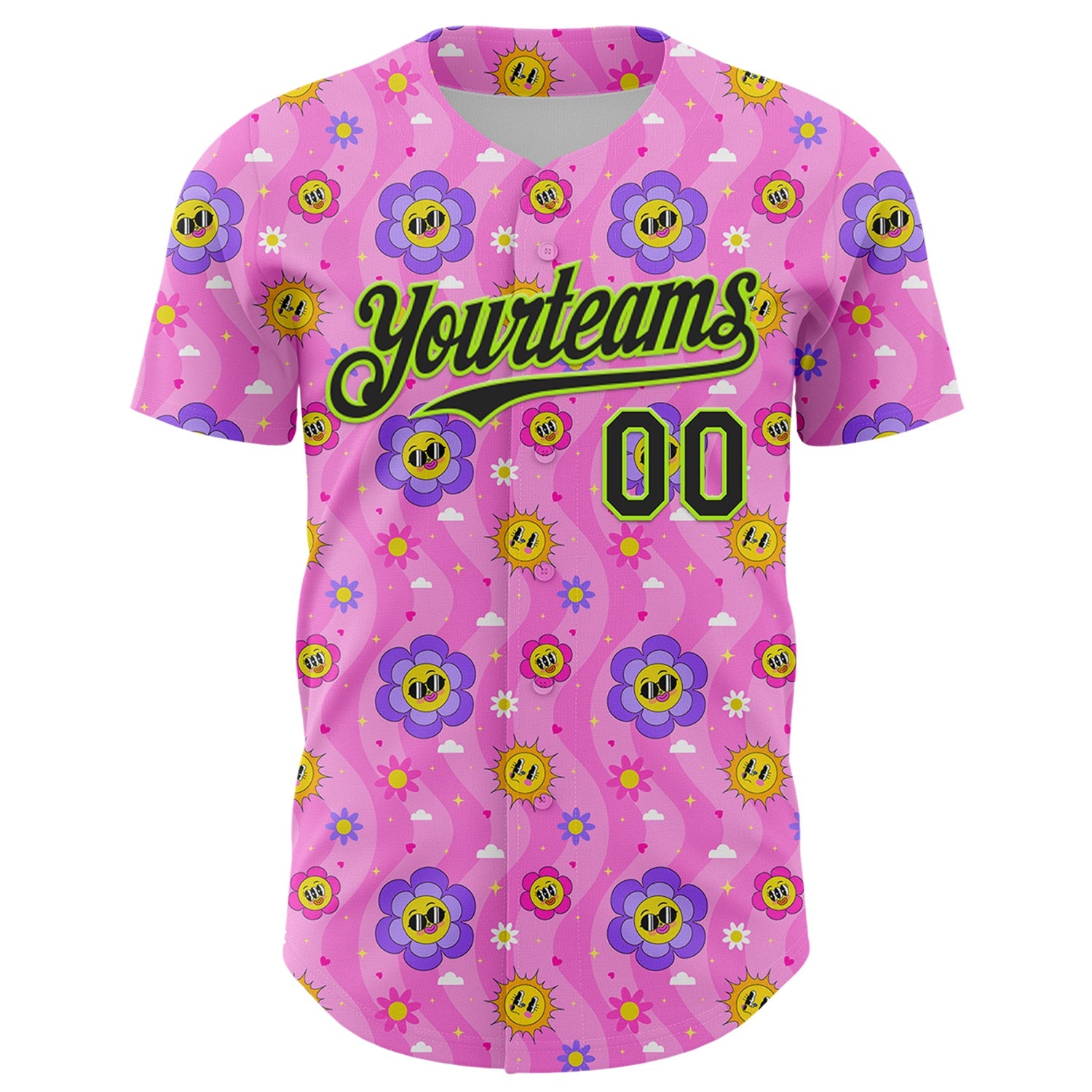 Custom Pink Black-Neon Green 3D Pattern Design Funny Cartoon Flower And Sun Authentic Baseball Jersey view 2