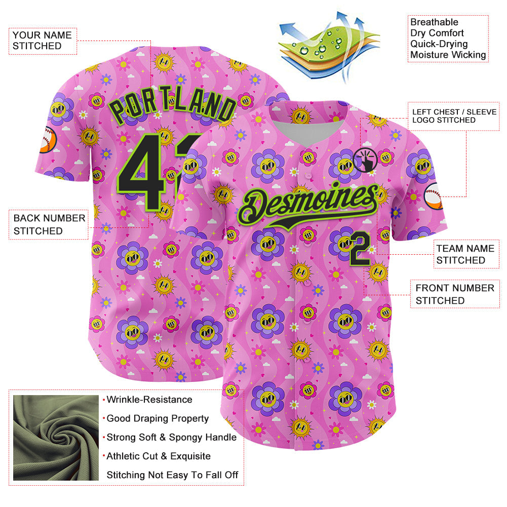 Custom Pink Black-Neon Green 3D Pattern Design Funny Cartoon Flower And Sun Authentic Baseball Jersey view 3